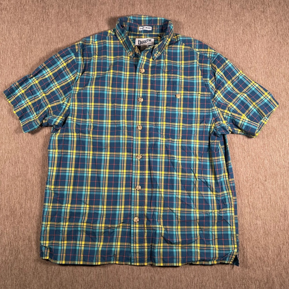 Duluth Trading Co Untucked Relaxed Fit Plaid Shirt Mens M Blue Yellow Cotton